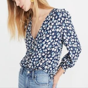Madewell Tie Sleeve Button Down Top V Neck 3/4 Sleeve French Floral Blue XL